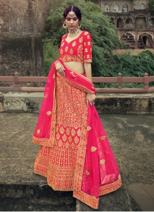 Satin Resham Lehenga Choli in Pink