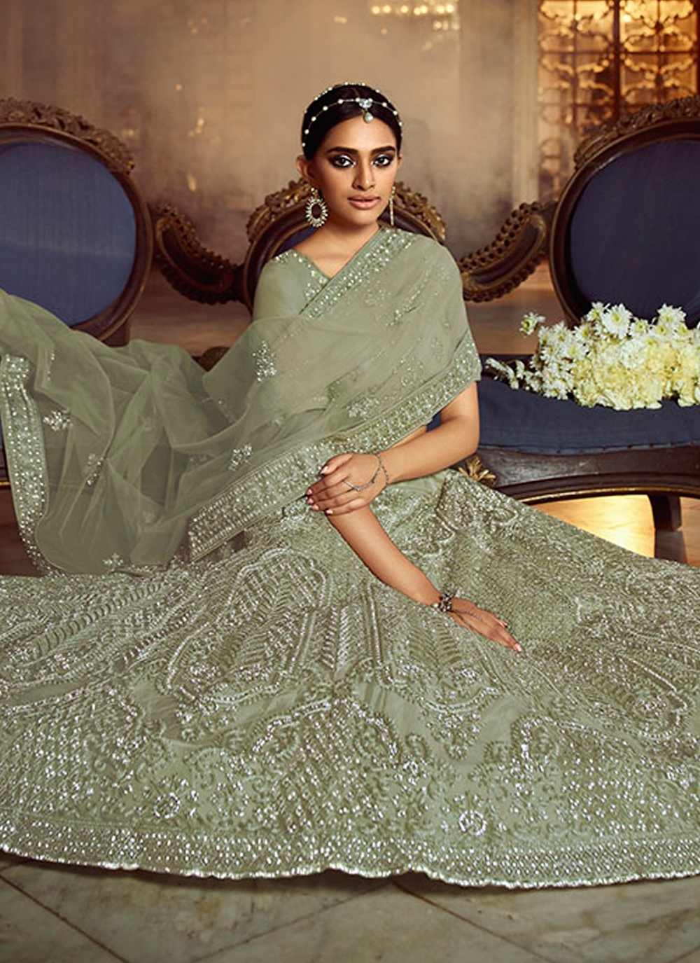 SEA GREEN SEQUINS AND ZARI EMBROIDERED SOFT NET FESTIVE & PARTY WEAR SEMI  STITCHED BRIDAL LEHENGA - Divine International Trading Co - 4071648