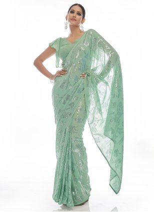 Sea Green Georgette Sequins Contemporary Sari