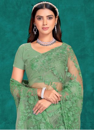 Sea Green Net Embroidered Traditional Saree