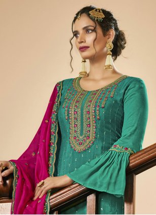Sea Green Silk Resham Designer Pakistani Salwar Suit