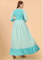 Sea Green Viscose Foil Print Readymade Gown