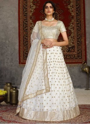 Off White-Green Color Wedding Wear Silk Jari Thread Work Lehenga –  fashionnaari