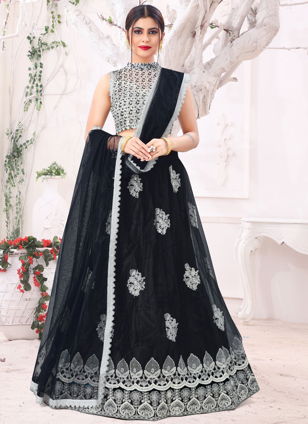 Buy Black Embroidered Organza Lehenga Wedding Wear Online at Best Price |  Cbazaar
