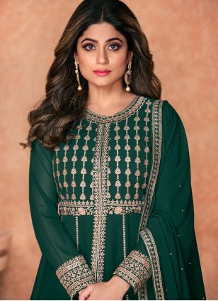 Shamita Shetty Green Pure Georgette Embroidered Readymade Designer Salwar Suit