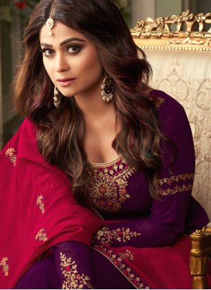 Shamita Shetty Purple Embroidered Designer Palazzo Salwar Suit