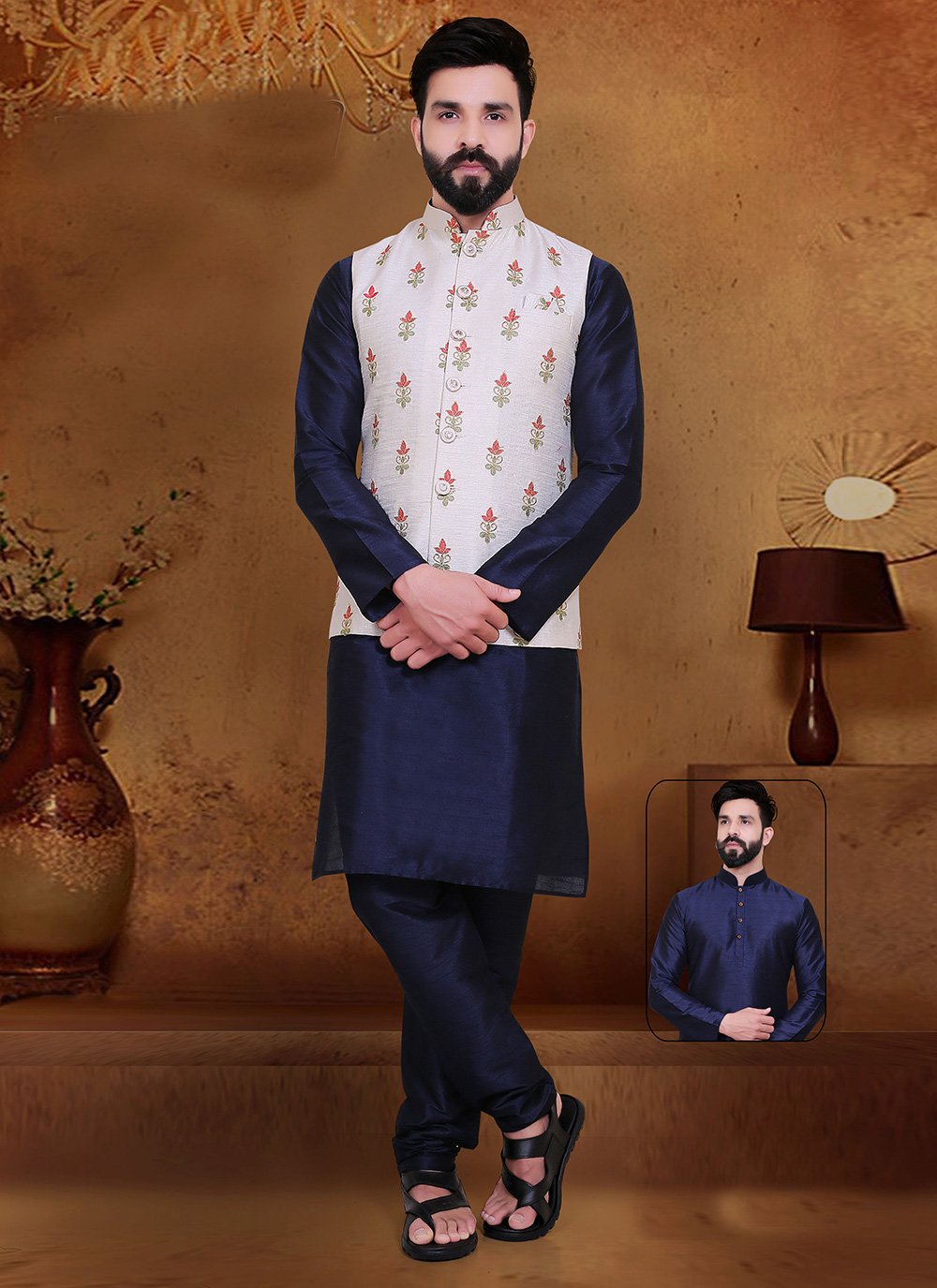 Buy RNG Safawala 3-Piece Kurta Pyjama Set with Jacket | Blue Color Men |  AJIO LUXE