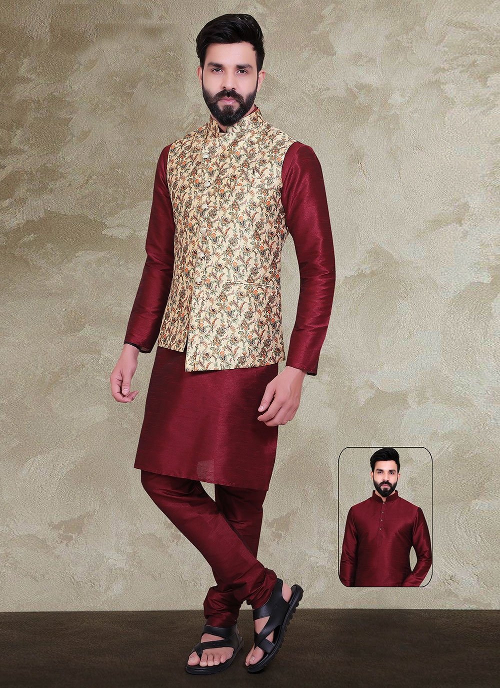 Buy Fabindia Comfort Fit Printed Kurta with Churidar & Nehru jacket for Men  Online @ Tata CLiQ