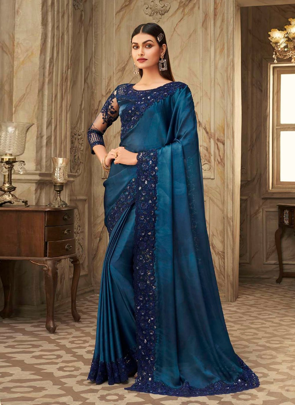 Navy Blue Silk Saree With Blouse 259393