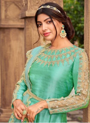 Silk Sea Green Woven Anarkali Salwar Suit