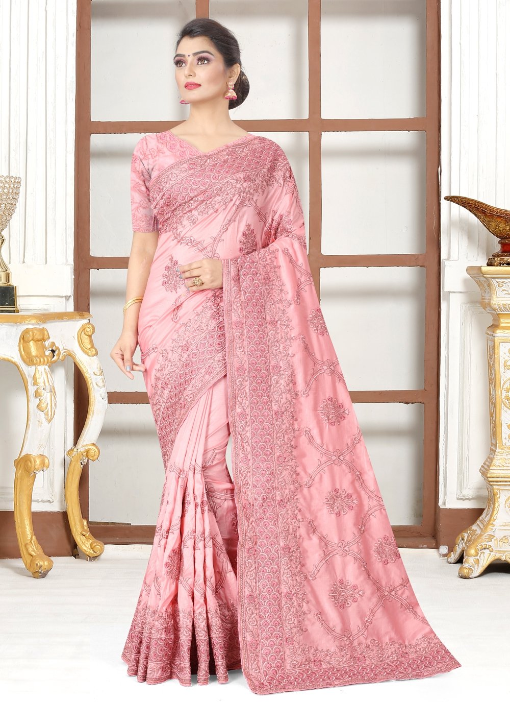 Buy Wedding Saree | Pale Pink Floral Designer Chiffon Saree At Hatkay