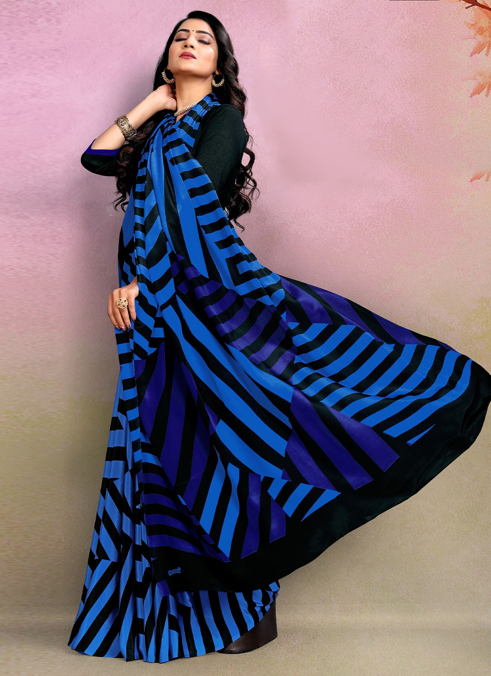 stripe print blue trendy saree 64973