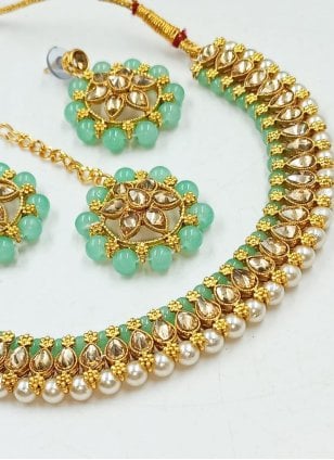 Subtle Firozi, Gold, Turquoise and White Necklace Set