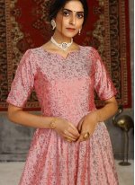 Pink Tafeta Silk Foil Print Designer Anarkali Gown