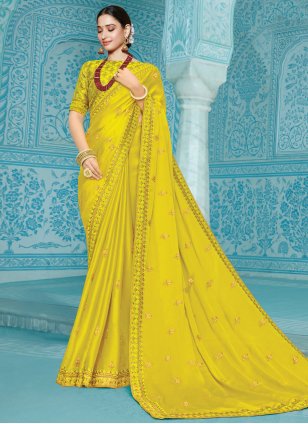 Tamannaah Bhatia Embroidered Yellow Silk Classic Designer Saree