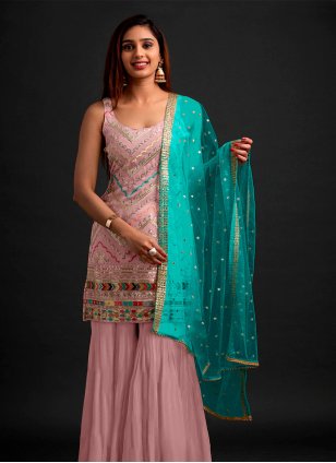 Tantalizing Georgette Pink and Turquoise Sharara Salwar Kameez