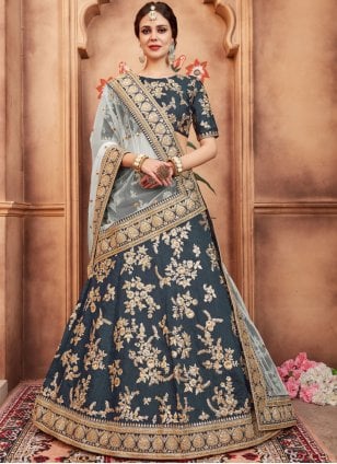 Buy Indian Outfits - Teal Blue Multi Embroidery Wedding Lehenga Choli