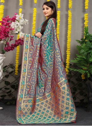 Teal Banarasi Silk Jacquard Trendy Sari