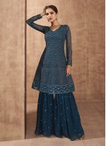 Teal Chinon Embroidered Salwar suit
