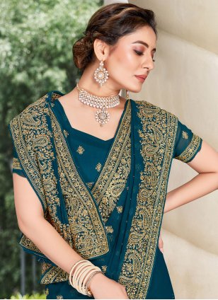 Teal Georgette Embroidered Contemporary Saree