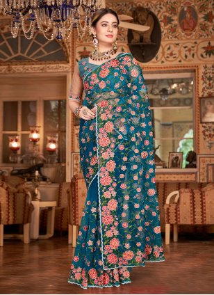 Teal Net Embroidered Trendy Sari