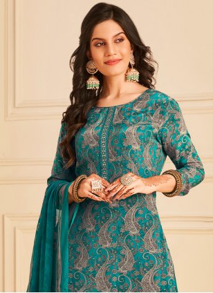 Teal Pure Crepe Embroidered Trendy Salwar Suits
