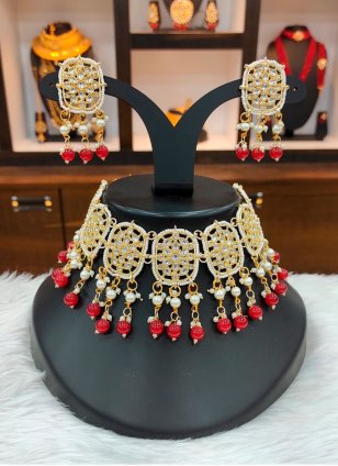 This Maroon Jewellery Set is Enhanced with Moti Work