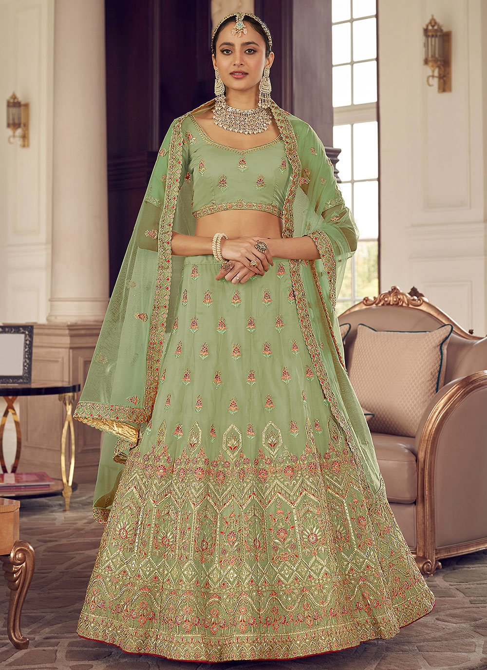 Embroidery Work Organza Fabric Designer Lehenga