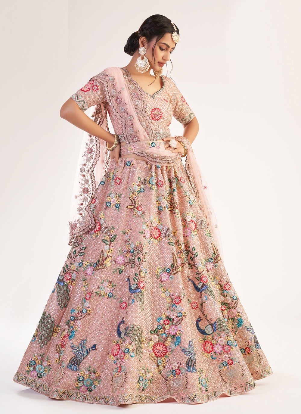 Anushka Sharma Peach Embroidered Taffeta Silk Bridal Wear Lehenga Choli