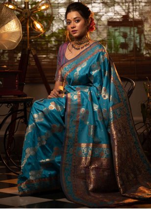 Turquoise Banarasi Silk Weaving Trendy Saree