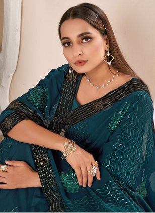Turquoise Bembarg Border Trendy Sari