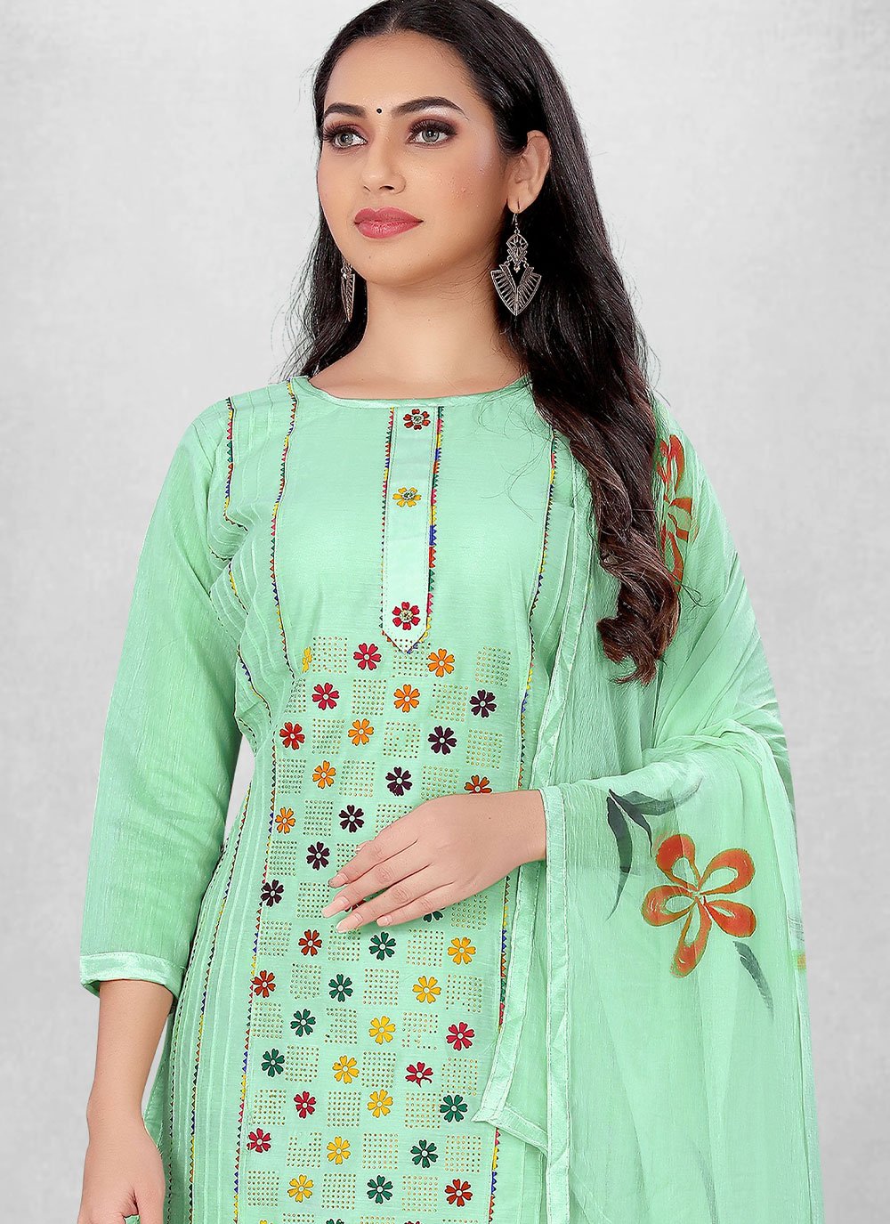 Latest Turquoise Cotton Hand Work Churidar Suit online 