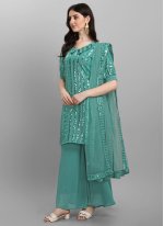 Turquoise Faux Georgette Ceremonial Trendy Salwar Suit
