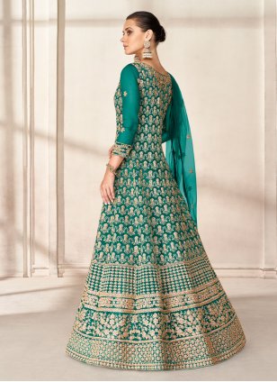 Turquoise Net Embroidered Designer Floor Length Suit