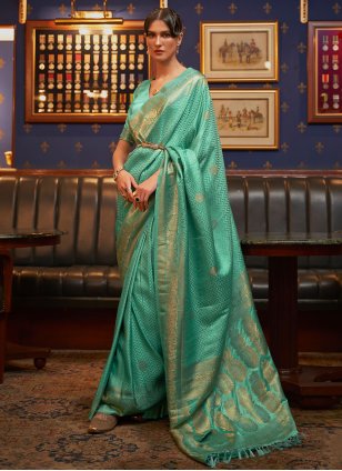 Turquoise Satin Weaving Classic Sari