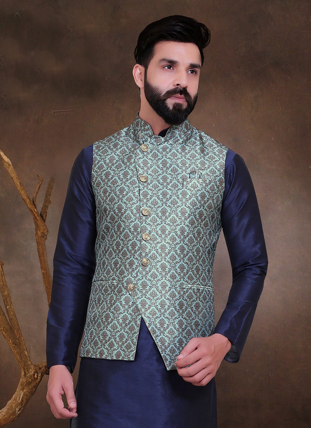 Buy Turquoise Silk Fancy Work Nehru Jacket Online : Australia