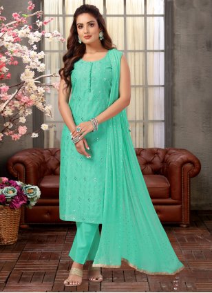 Turquoise Straight Salwar Suit in Chiffon with Embroidered work