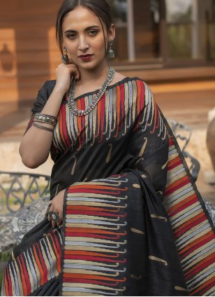 Tussar Silk Black Designer Traditional Saree