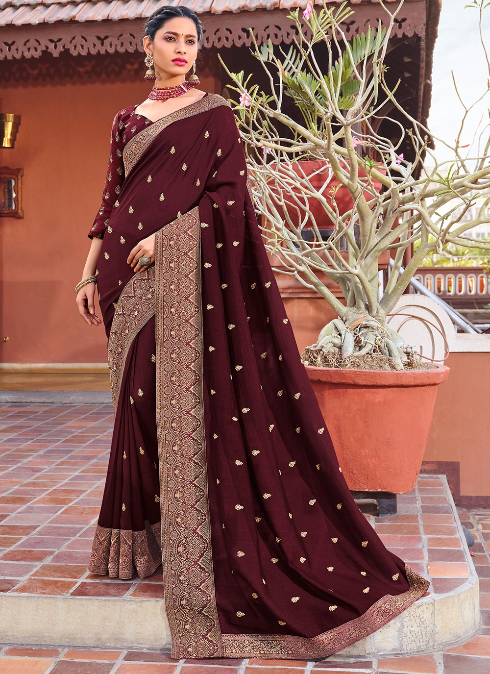 Shop Dark Brown Banglori Silk Embroidered Saree|SARV118443