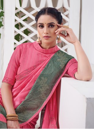 Viscose Pink Embroidered Classic Saree
