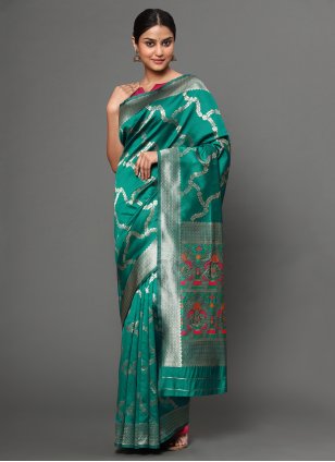 Weaving Green Banarasi Silk Traditional Designer Saree