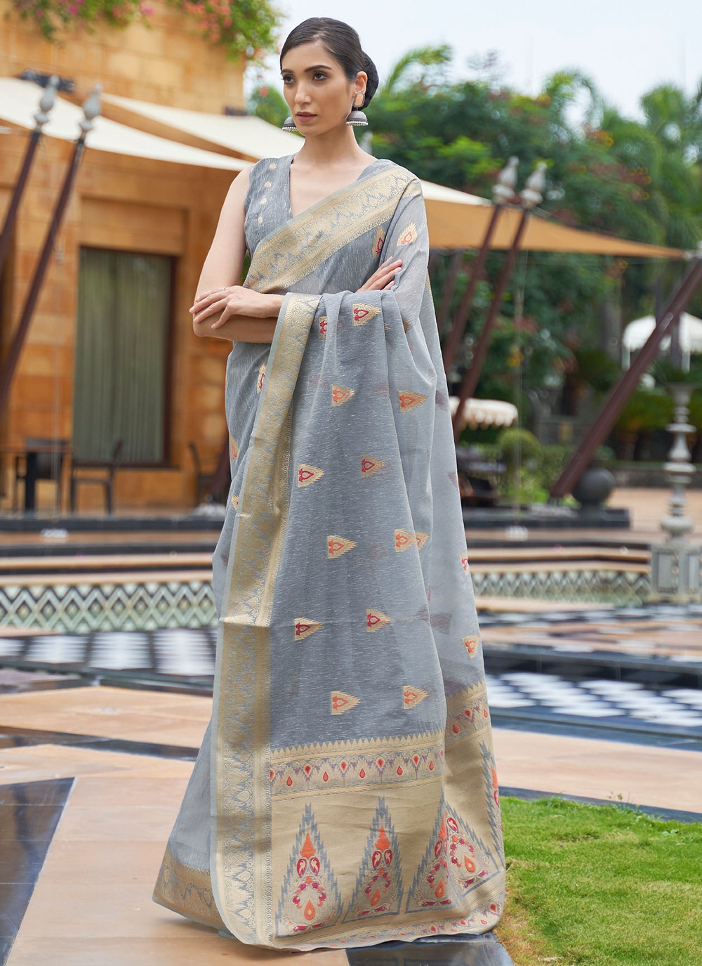 Yellow Silver Handwoven Linen Saree With Zari Border - S031703742 | Saree,  Jamdani saree, Saree blouse designs