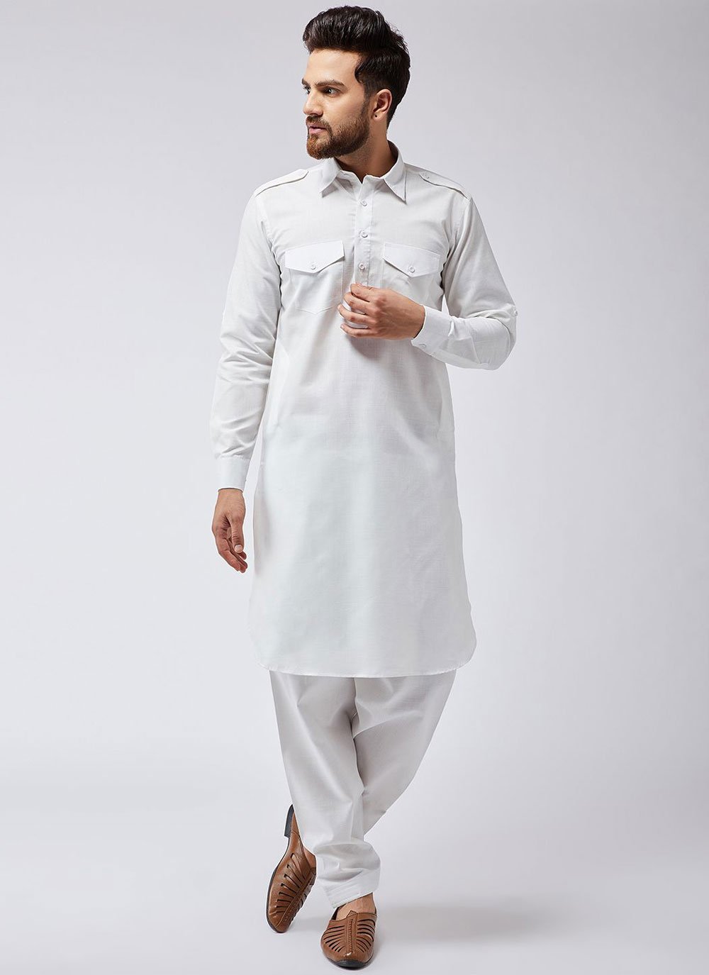 White Casual Pathani Suit for Men