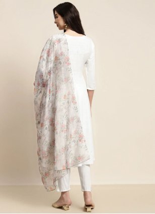 White Cotton  Flower Print Readymade Salwar Suits
