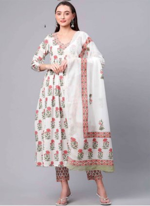 White Cotton  Flower Print Anarkali Suit