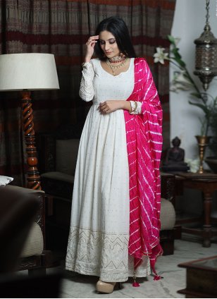 White Georgette Lucknowi Work  Trendy Gown