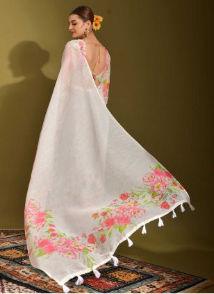 White Linen Printed Trendy Sari