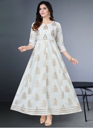 White Rayon Foil Print Readymade Trendy Gown