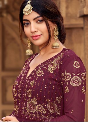 Wine Georgette Embroidered Palazzo Salwar Suit