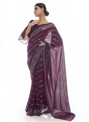 Wine Georgette Sequins Contemporary Sari